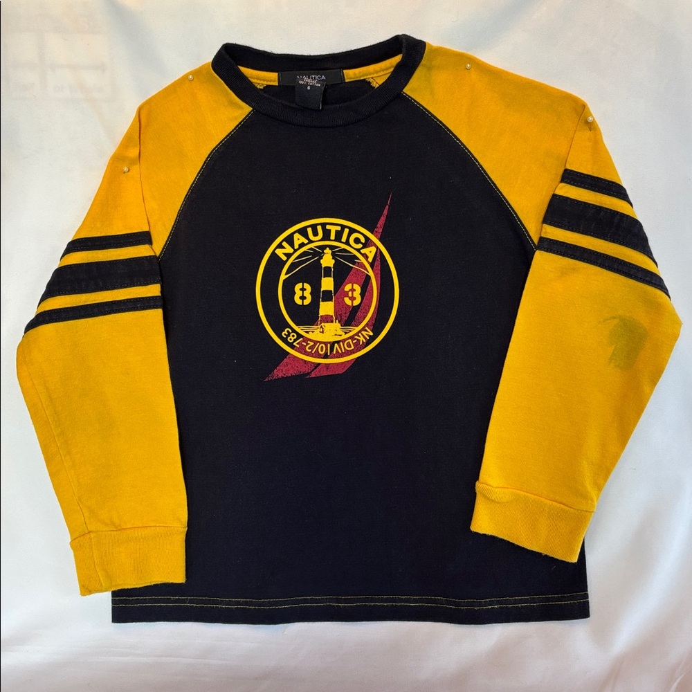 GENTLY WORN  NAUTICA KIDS LONG SLEEVE T-SHIRT NAVY BLUE/YELLOW SIZE 4